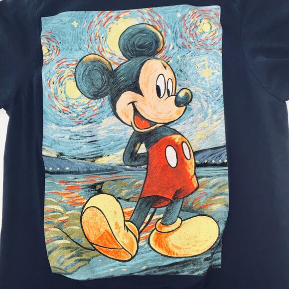 Disney Mickey Mouse Van Gogh Starry Night Navy Blue T-Shirt - Picture 7 of 10